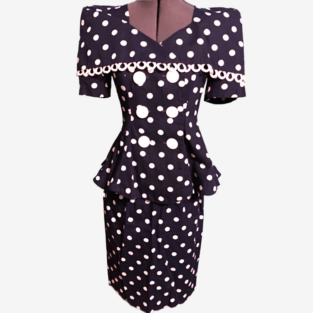 Vintage Navy Polka Dot Skirt Suit